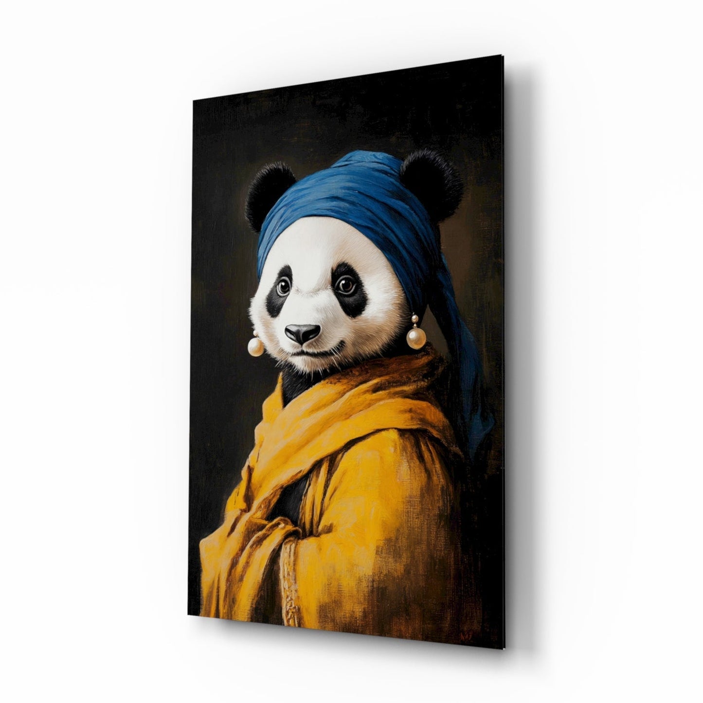 Panda with a pearl earring glass wall art in sapphire turban and saffron robe