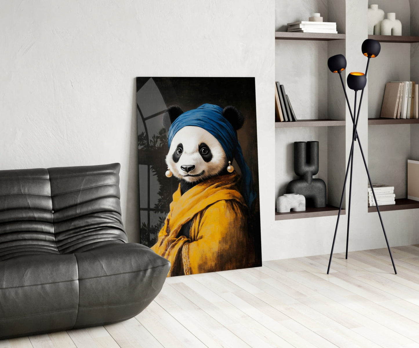 Panda with a Pearl Earring Glass Wall Art