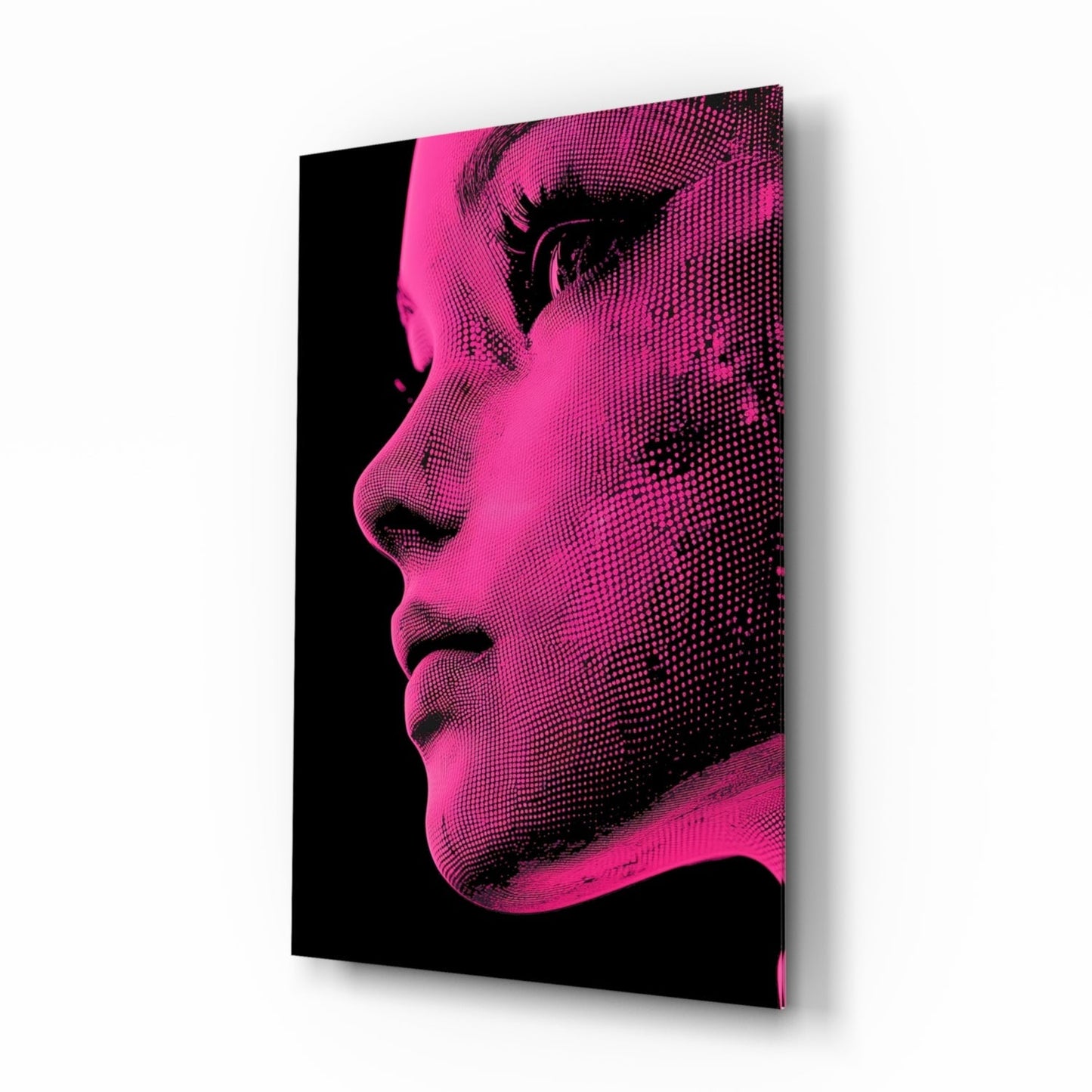 Pink with Dots glass wall art, magenta halftone portrait