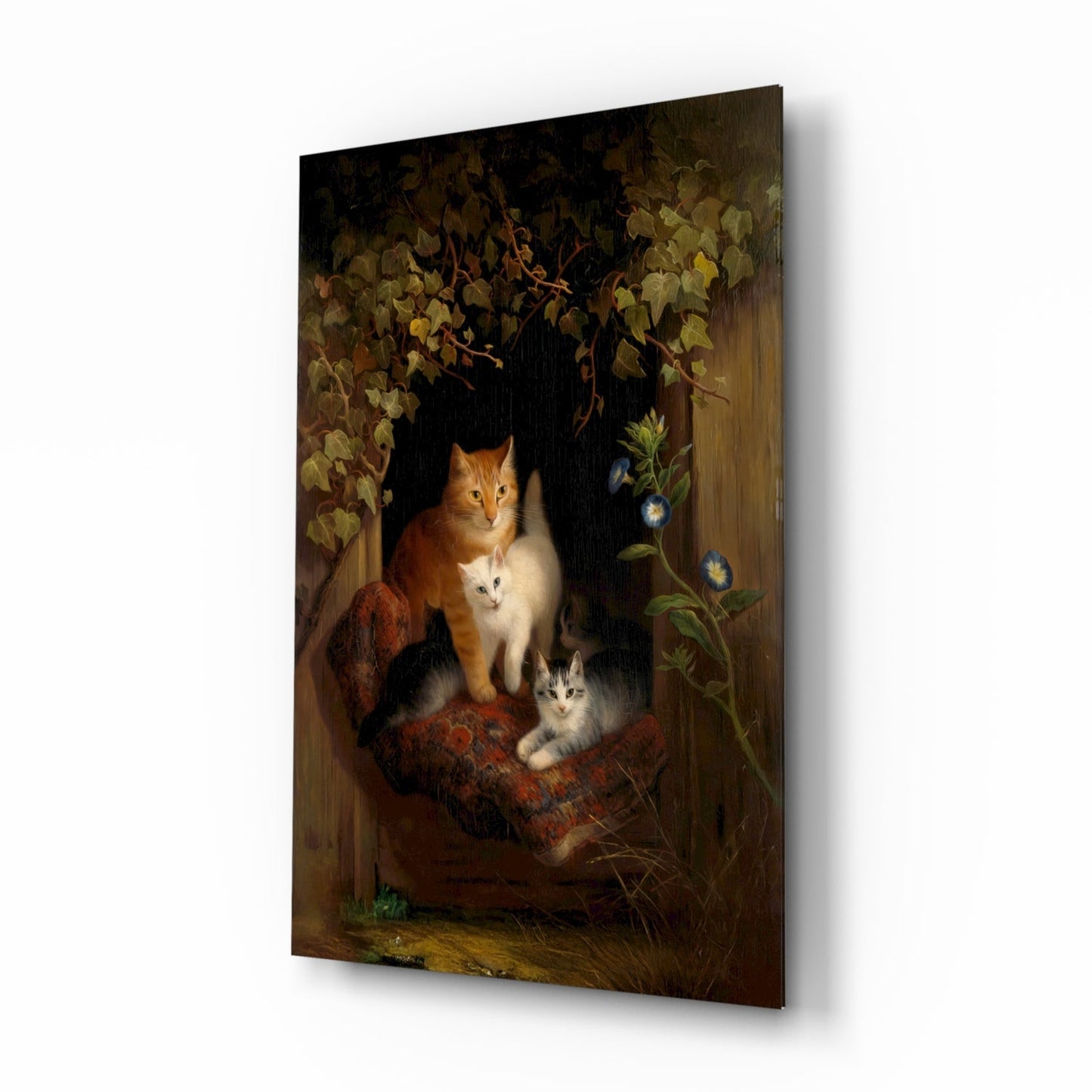 Family in the Window cat glass wall art, a mother cat and kittens in a sunlit window