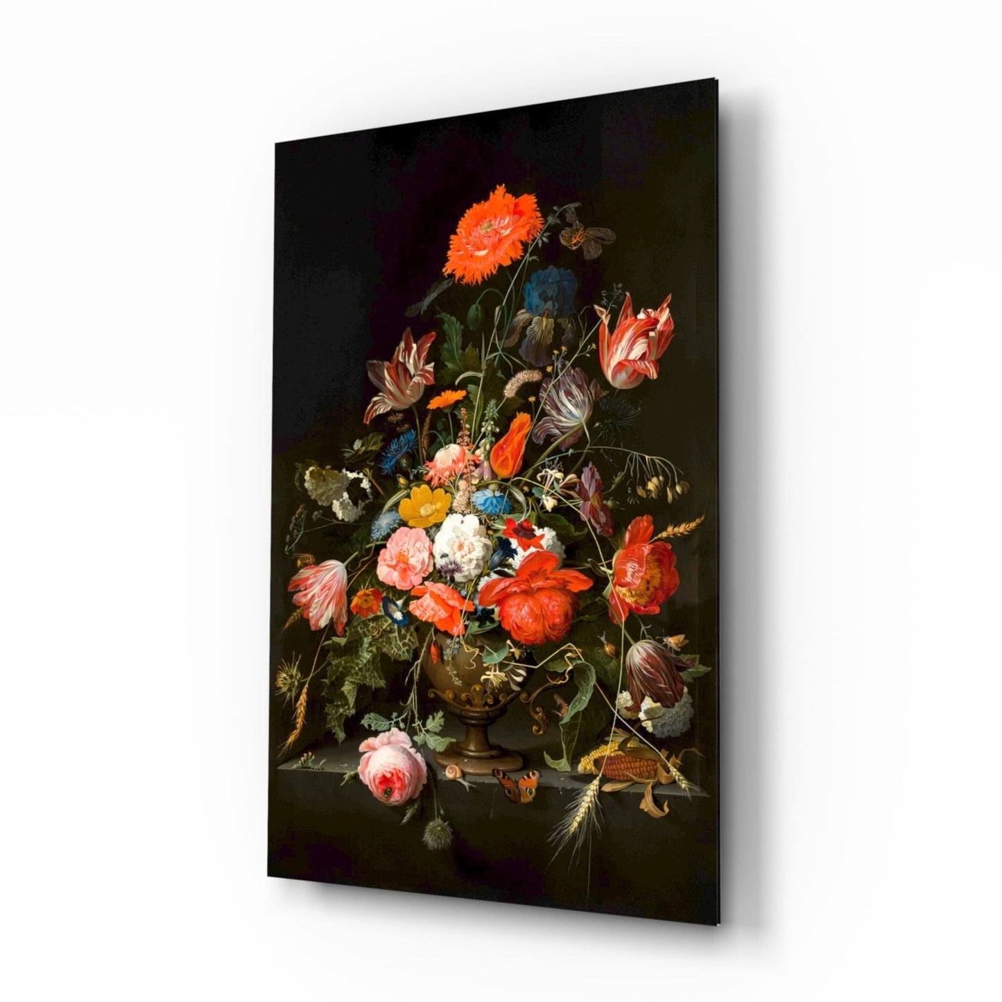 The Wealth in the Vase glass wall art, Dutch-style floral bouquet