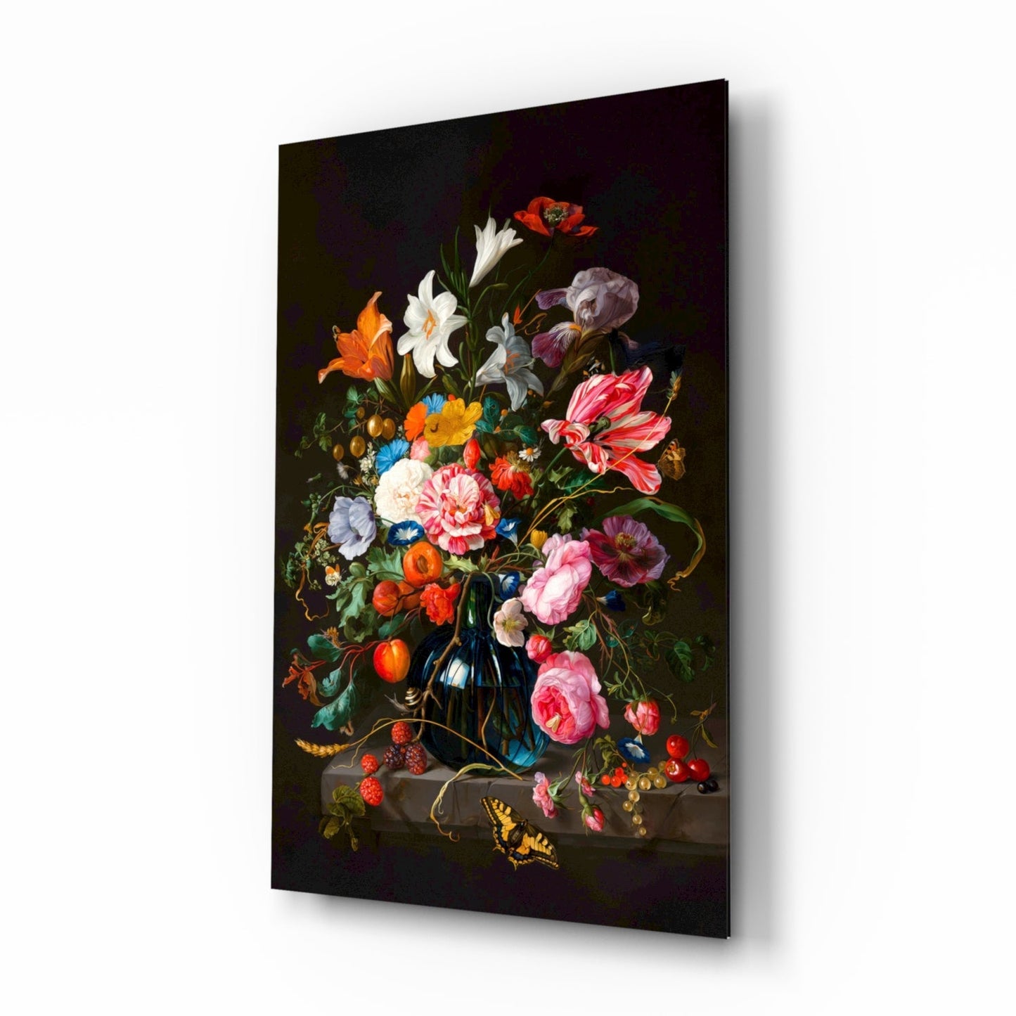 Classical Still Life glass wall art, Dutch-style floral bouquet
