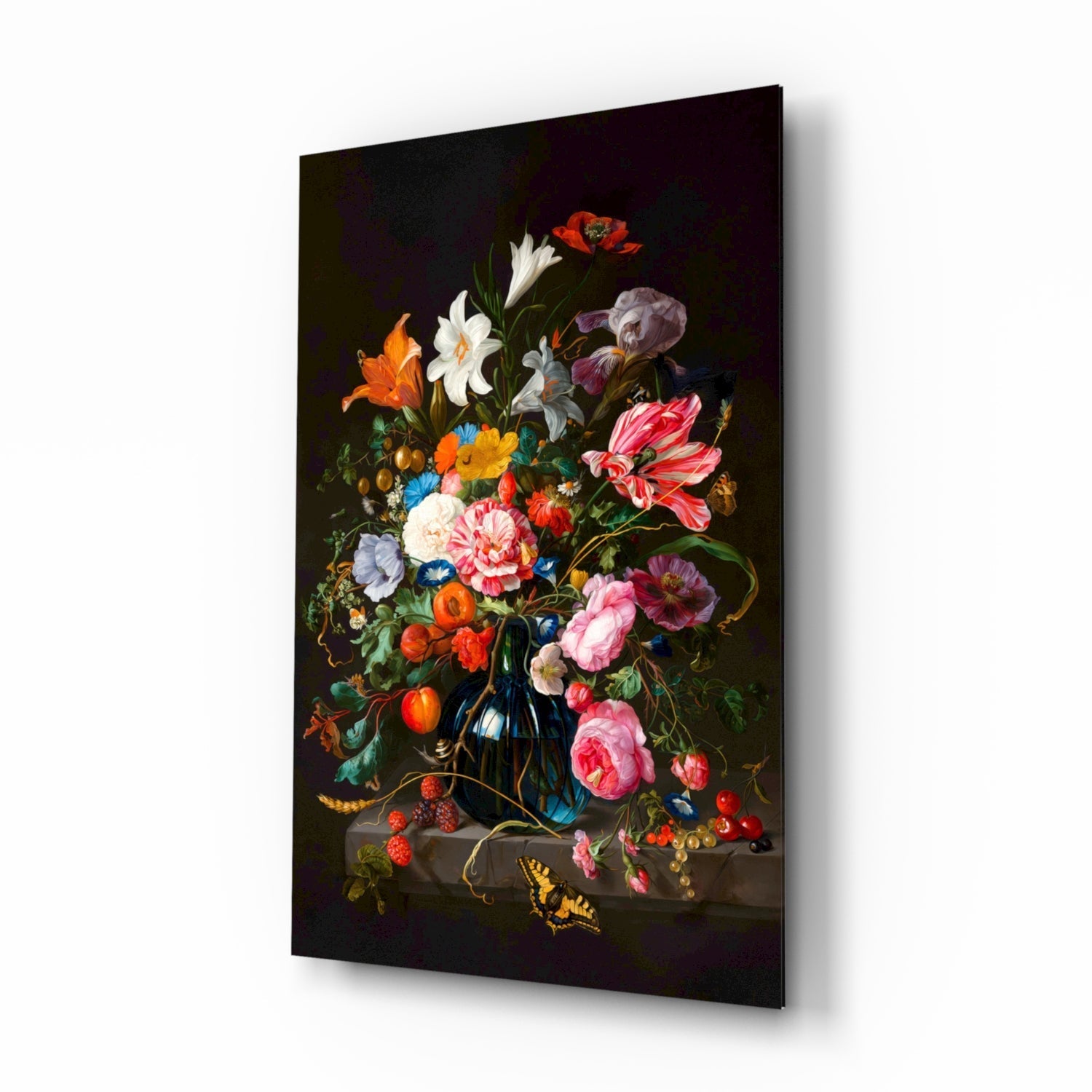 Classical Still Life glass wall art, Dutch-style floral bouquet