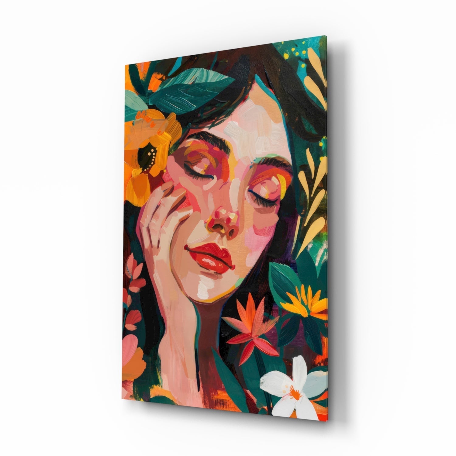 Spring Beauty glass wall art, expressionist floral portrait