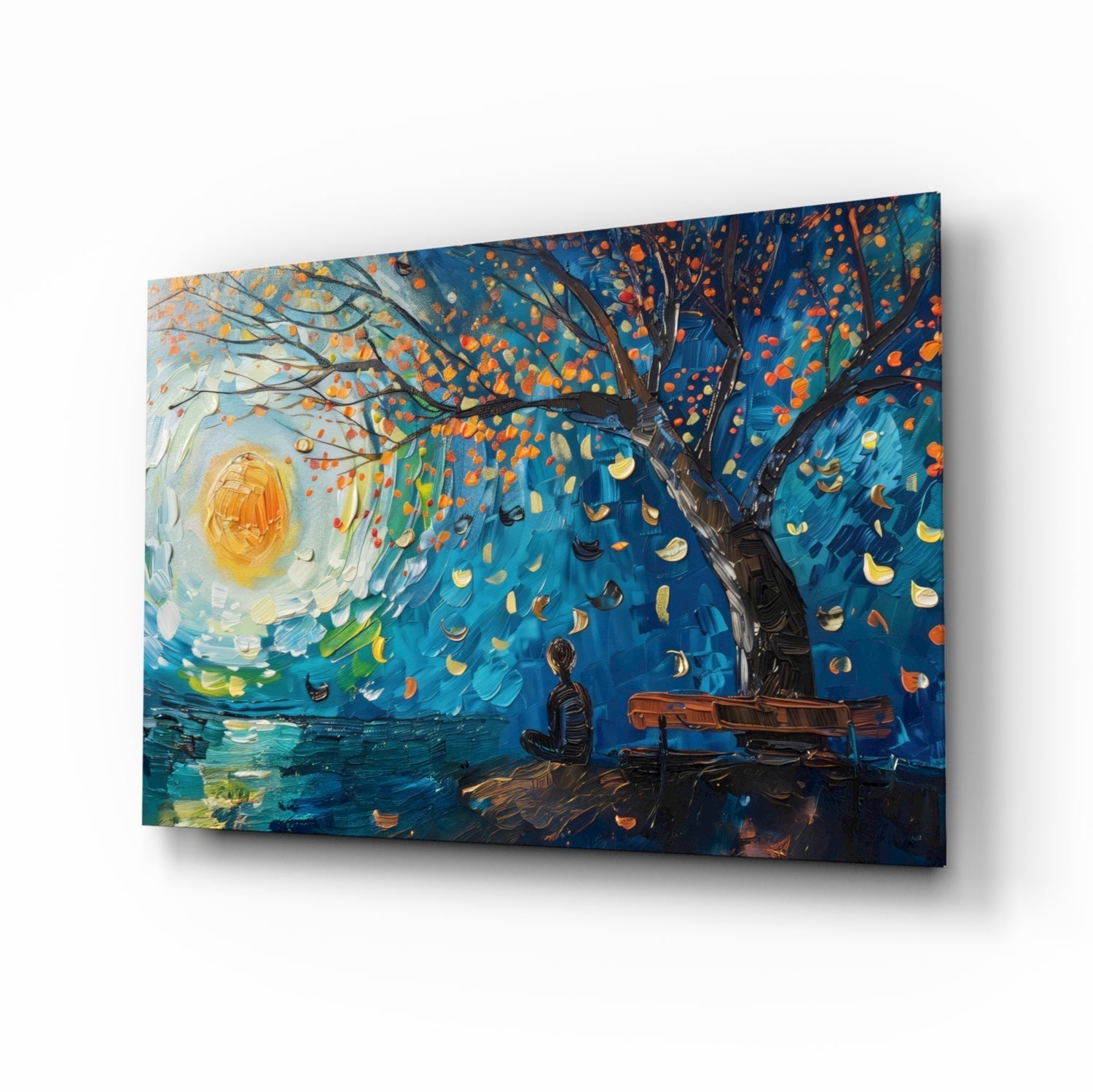 Solitude and Peace glass wall art, autumn night landscape