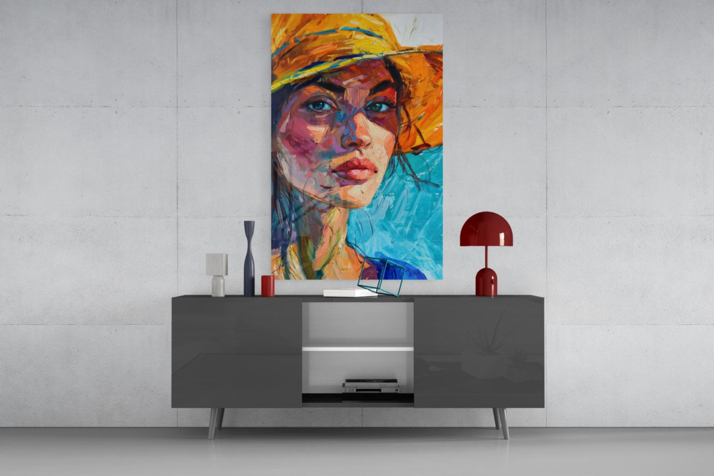 Woman in Orange Hat Glass Wall Art
