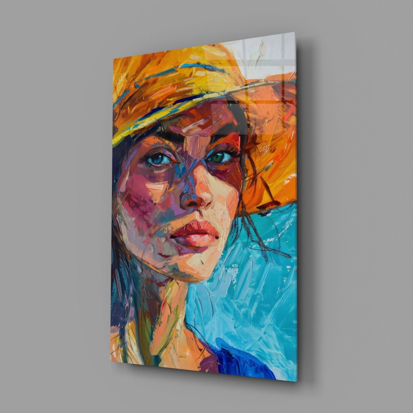 Woman in Orange Hat Glass Wall Art