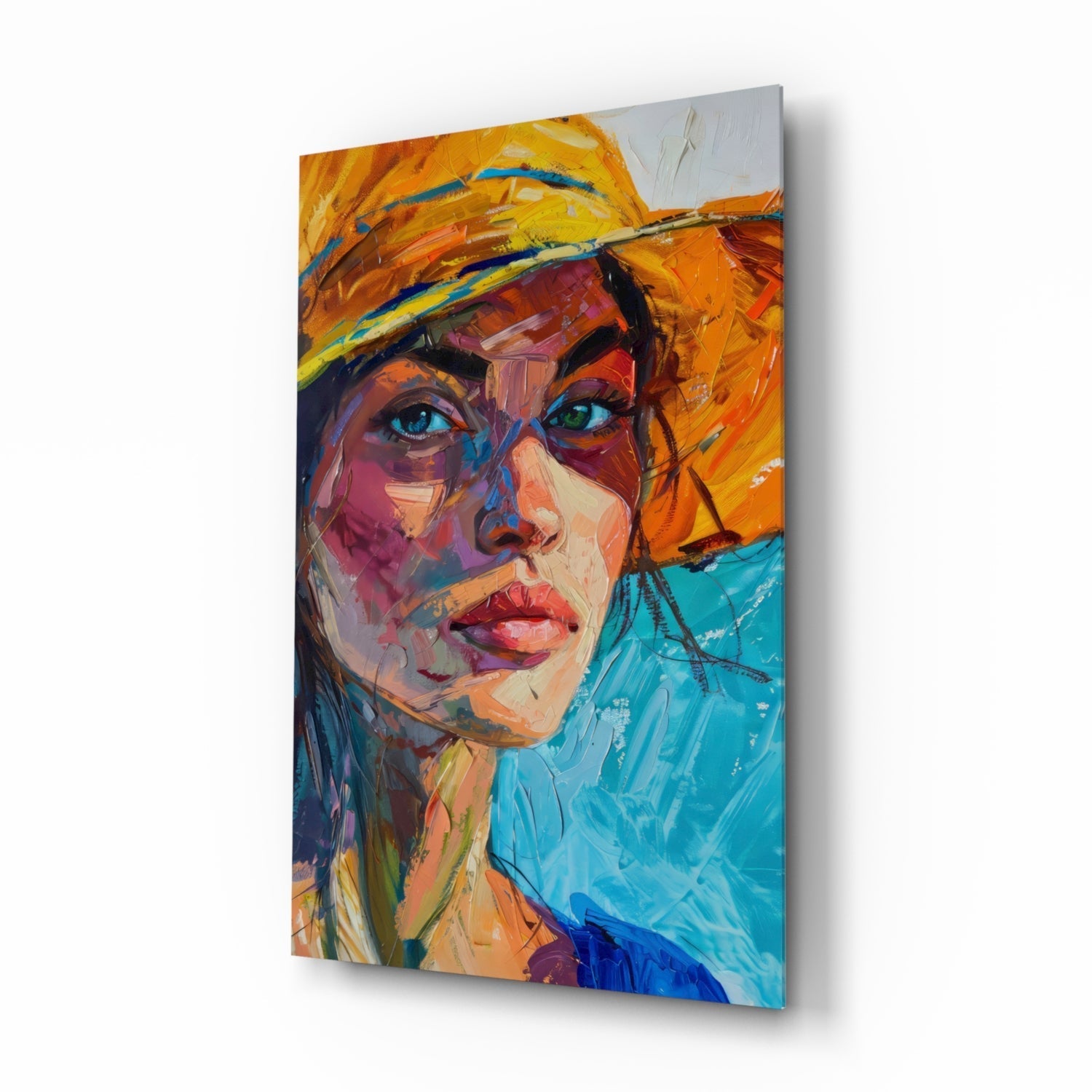 Woman in Orange Hat glass wall art, expressionist summer portrait
