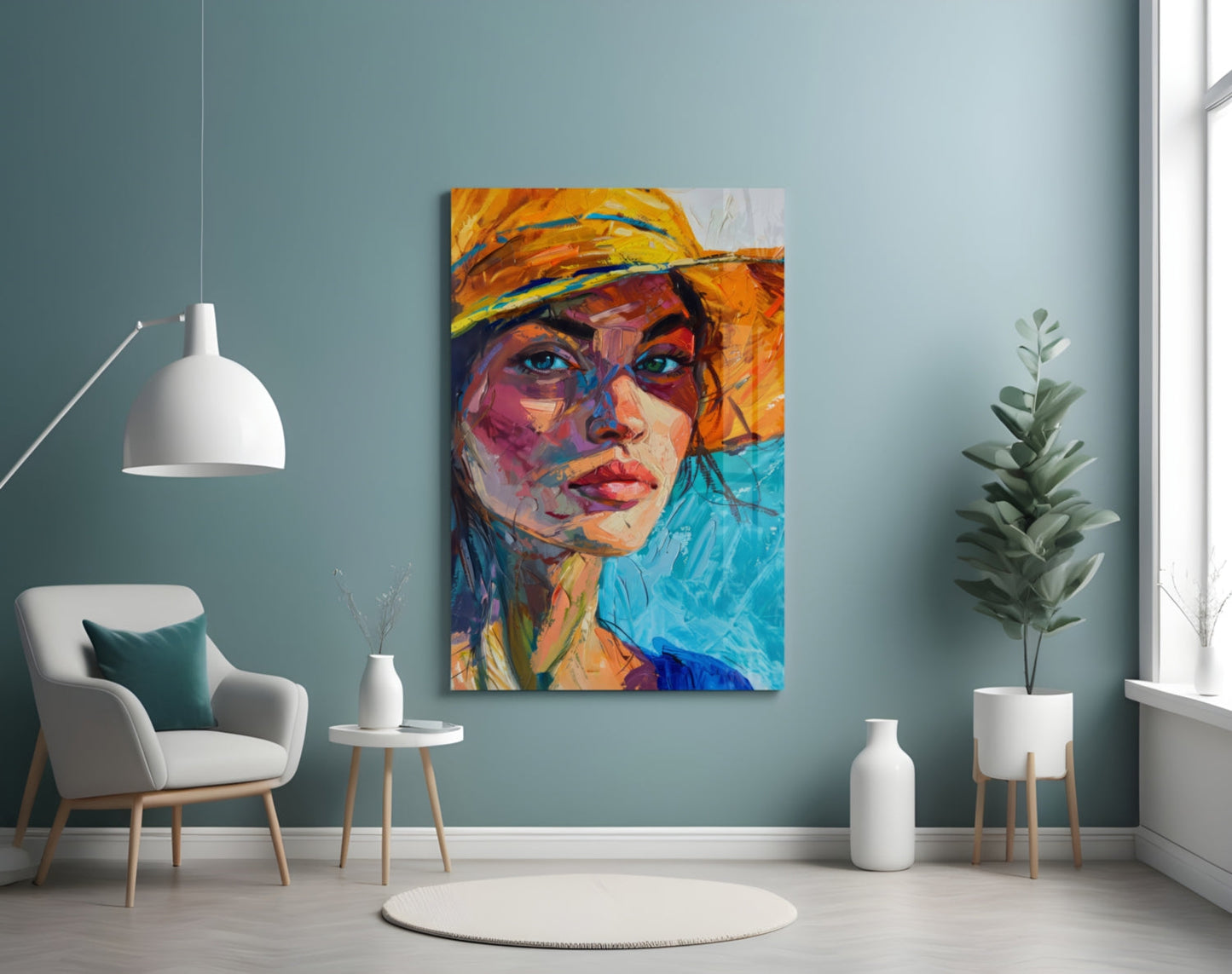 Woman in Orange Hat Glass Wall Art