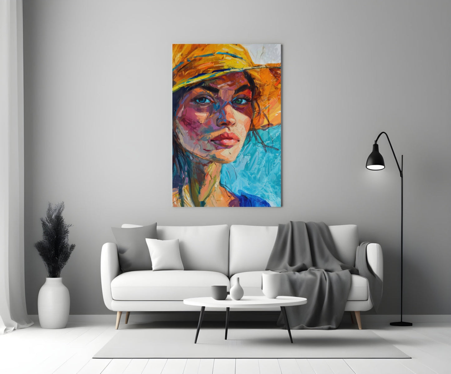 Woman in Orange Hat Glass Wall Art
