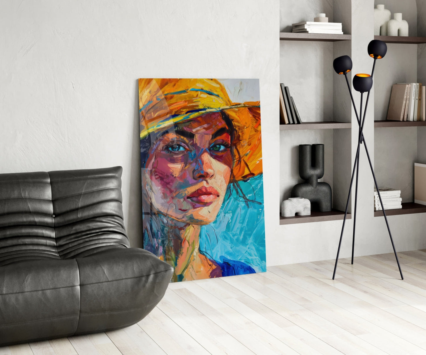 Woman in Orange Hat Glass Wall Art