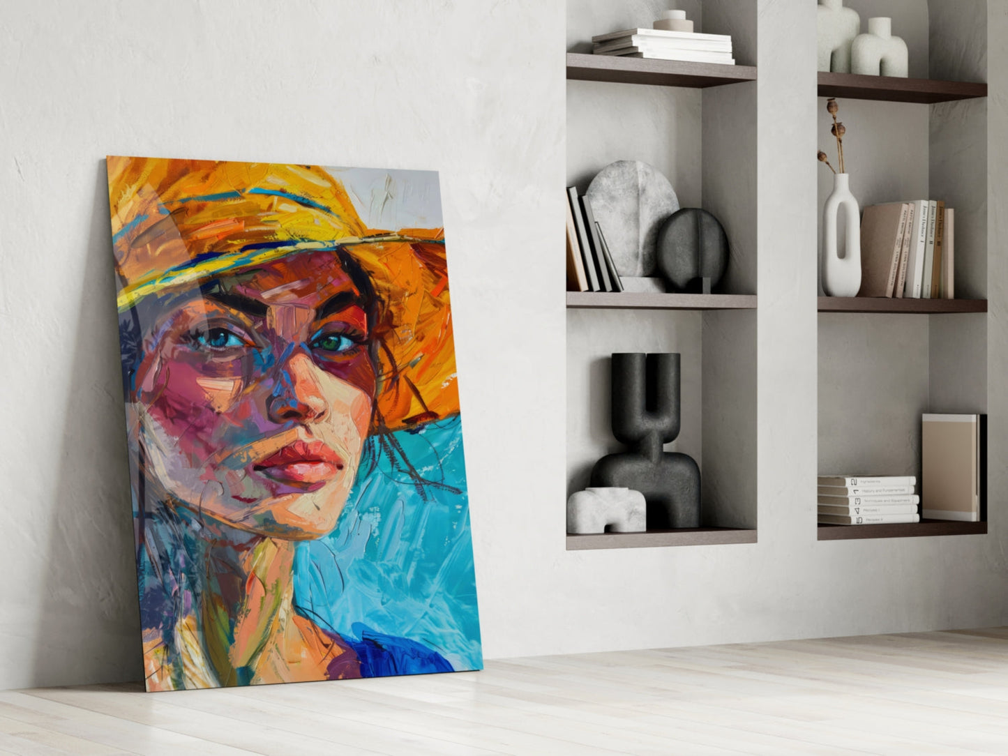 Woman in Orange Hat Glass Wall Art