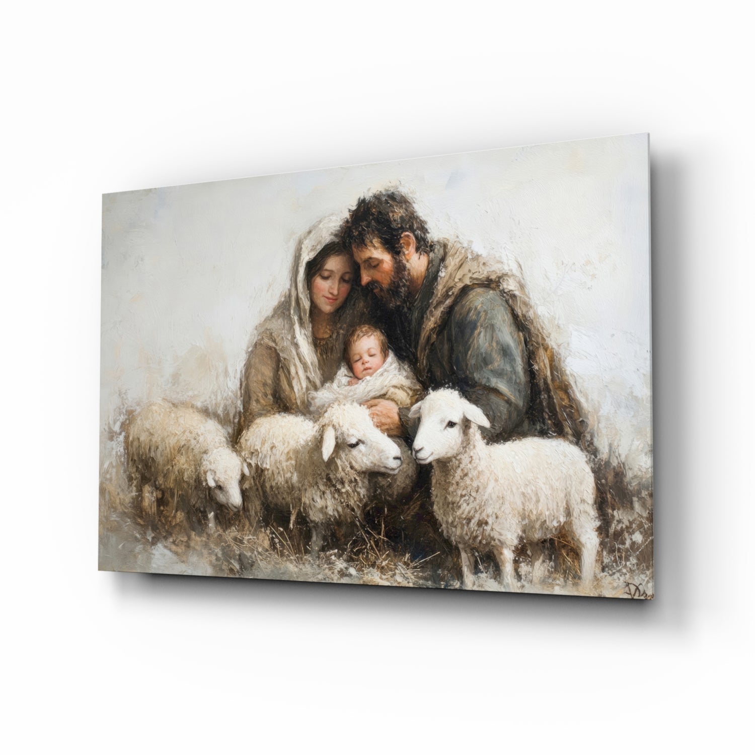 Holy Presence glass wall art, Holy Family pastoral scene
