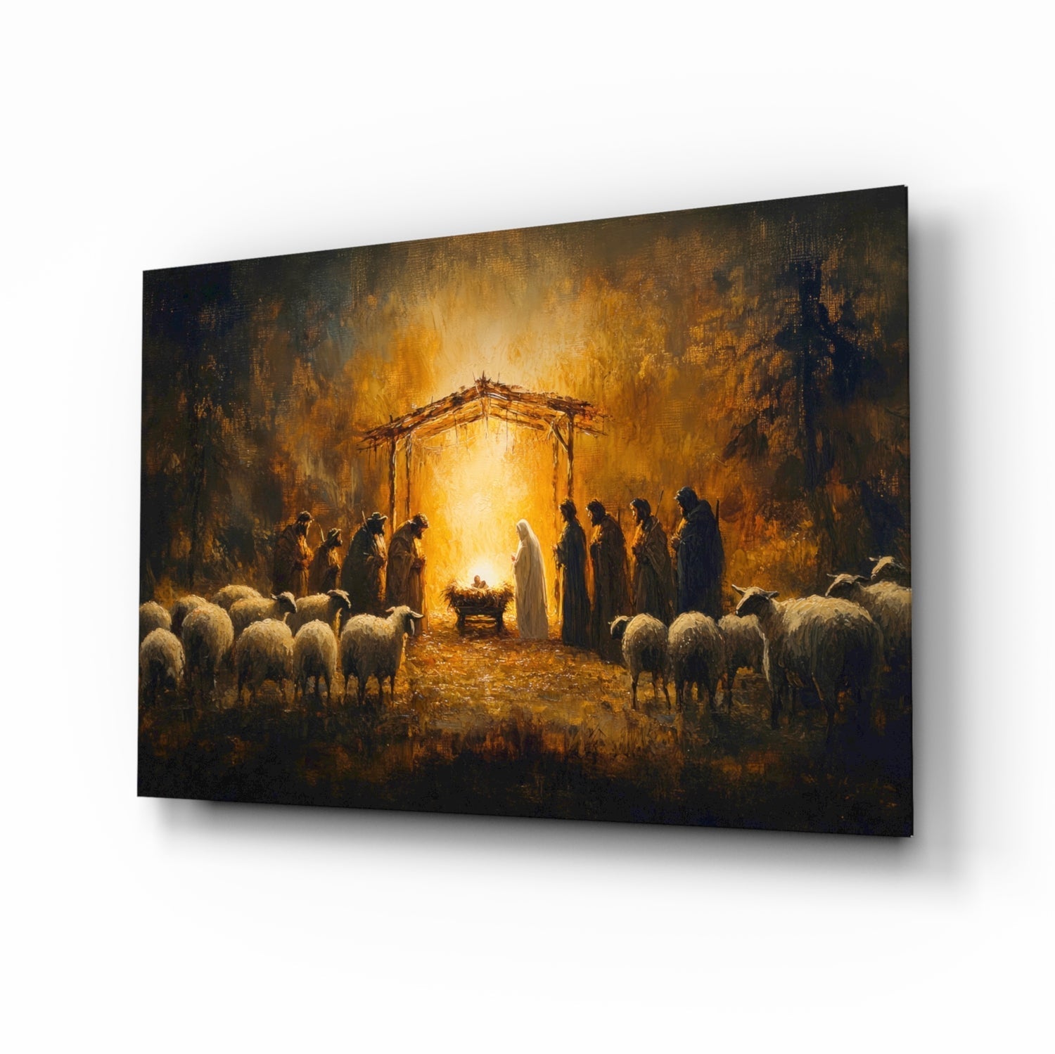 Birth glass wall art, Nativity stable scene