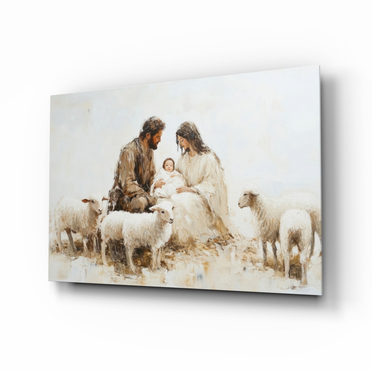 Respect of the Shepherds glass wall art, Holy Family with lambs