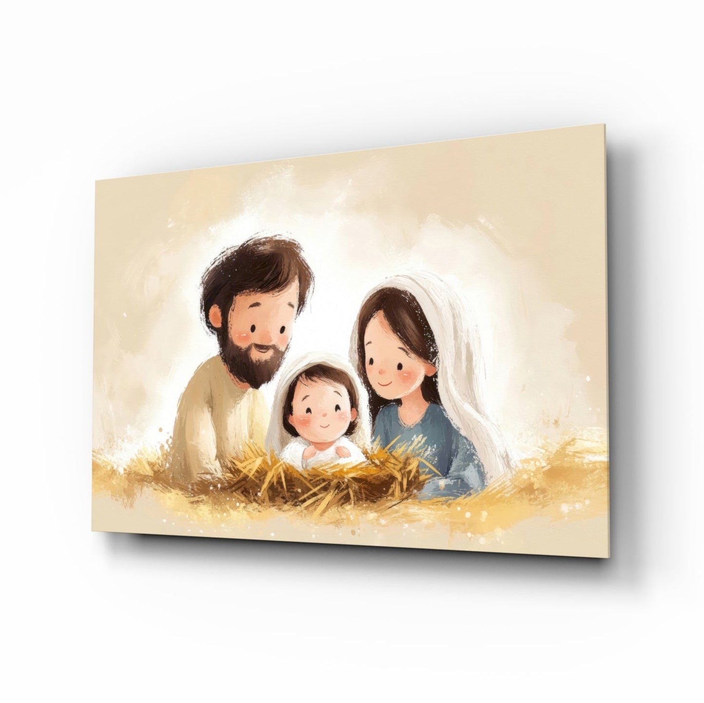 Little Holy Family glass wall art, storybook Nativity scene