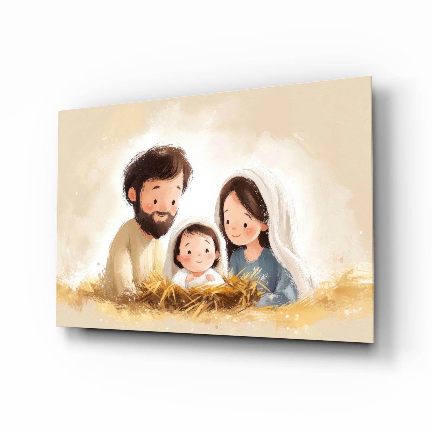 Little Holy Family glass wall art, storybook Nativity scene