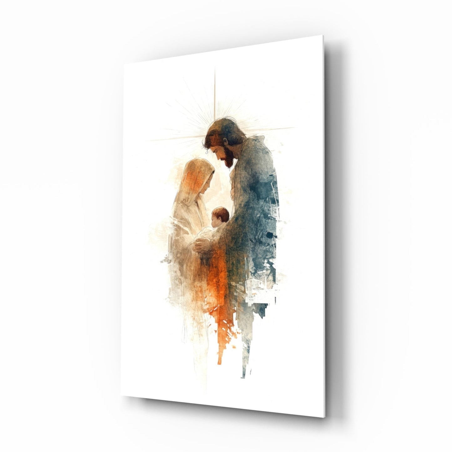 Holy Family glass wall art, watercolor Nativity scene
