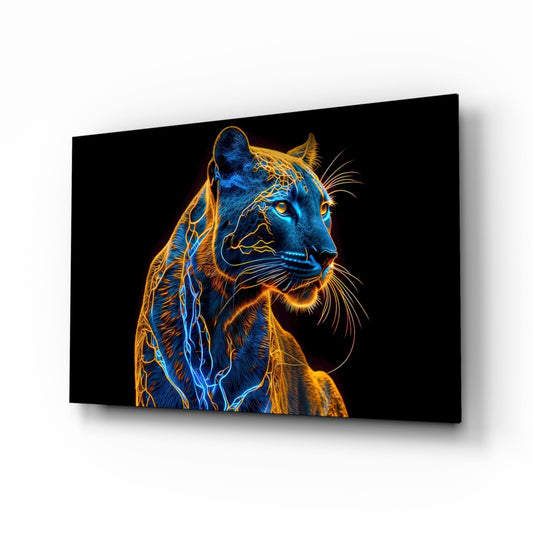 Neon Jaguar glass wall art, neon-line jaguar profile