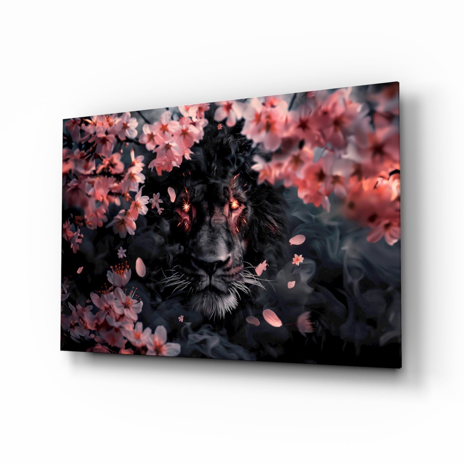 Lion of the Night glass wall art, lion with cherry blossoms