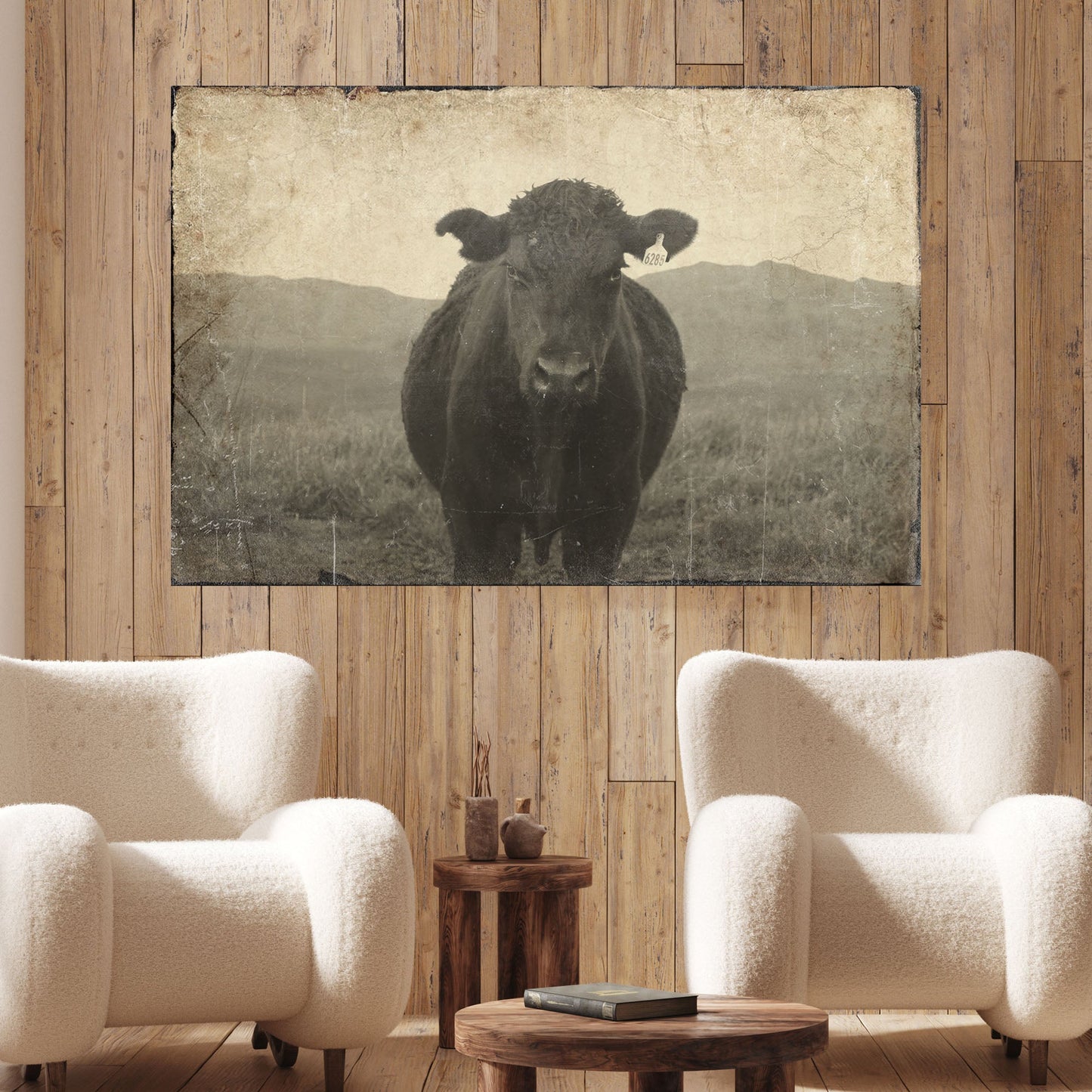 Vintage Angus cattle portrait canvas wall art, black bull on a dark background, ready to hang