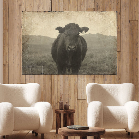 Vintage Angus cattle portrait canvas wall art, black bull on a dark background, ready to hang