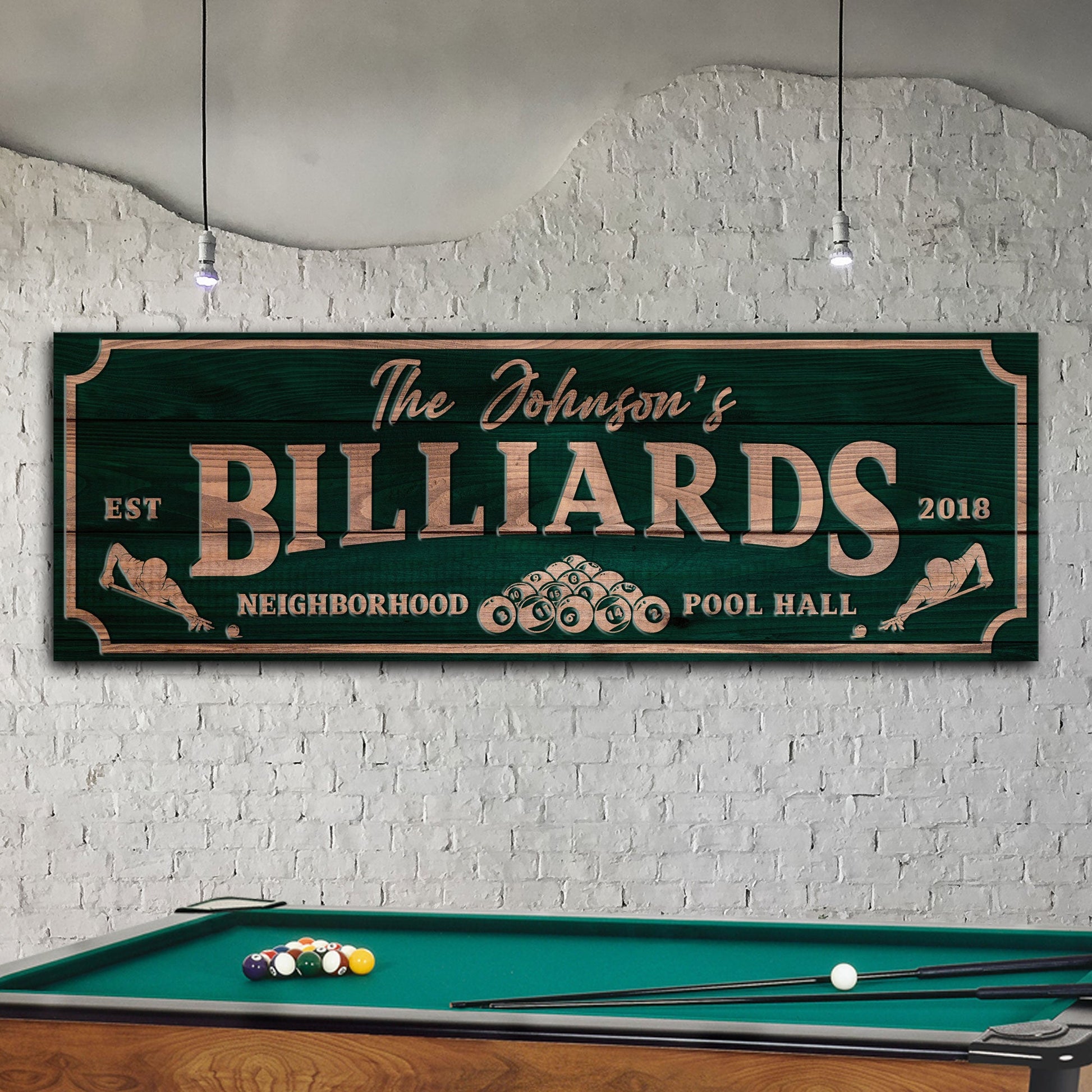 Neighborhood pool hall billiards canvas wall art vintage sign style for game room or man cave decor