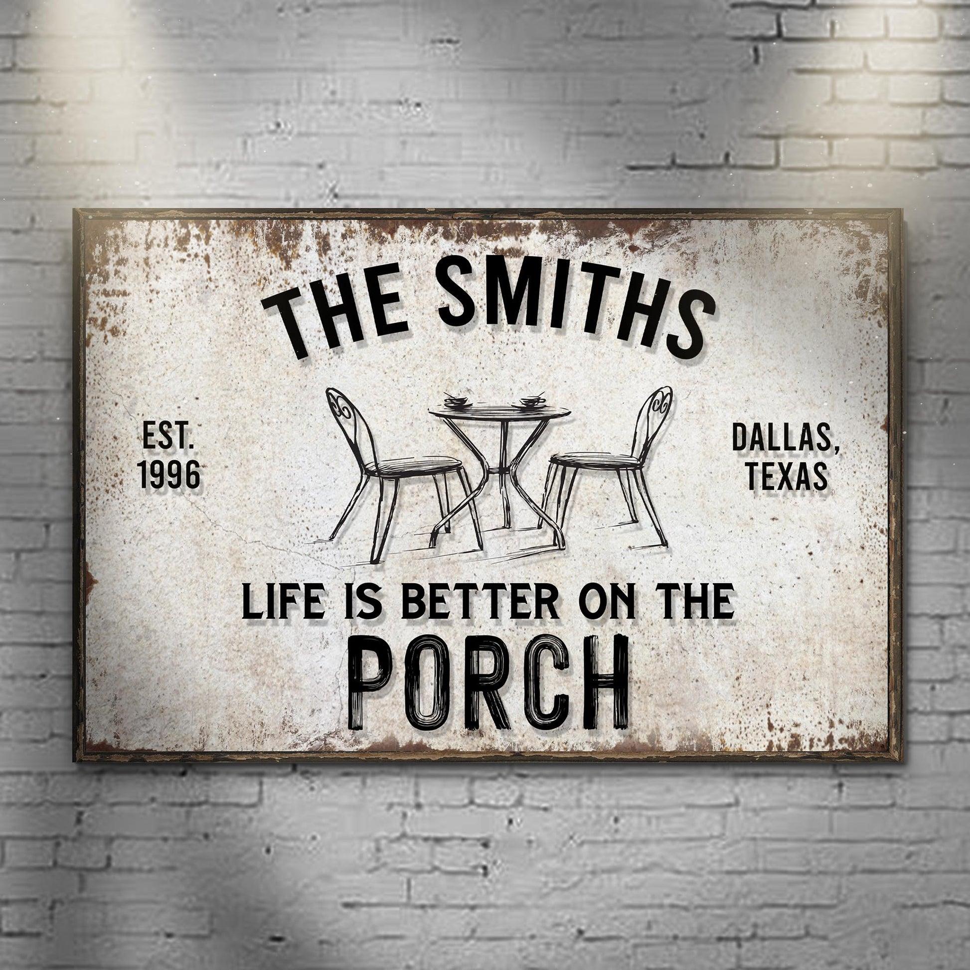Personalized Life Is Better On The Porch canvas sign with family name in rustic lettering