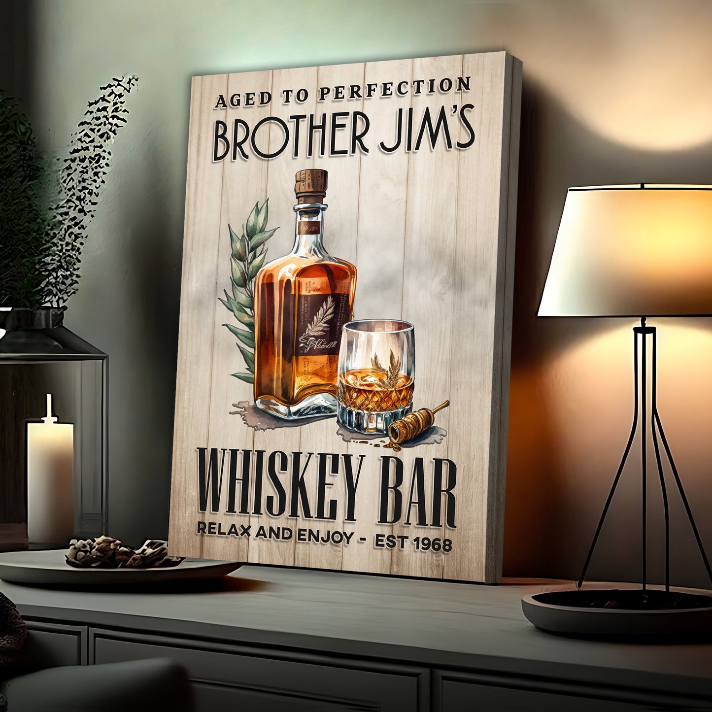 Aged to perfection whiskey bar canvas sign