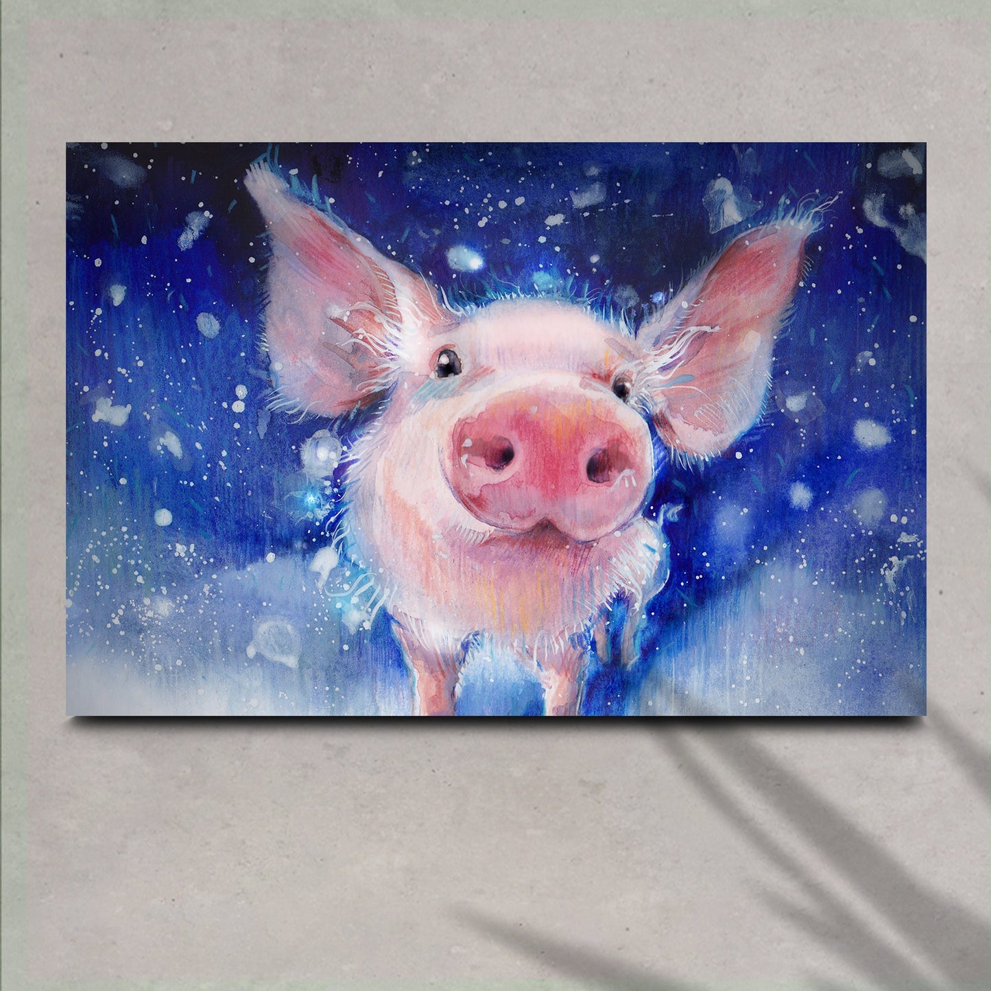 Fluffy pig watercolor canvas wall art, soft farmhouse animal decor, gallery-wrapped