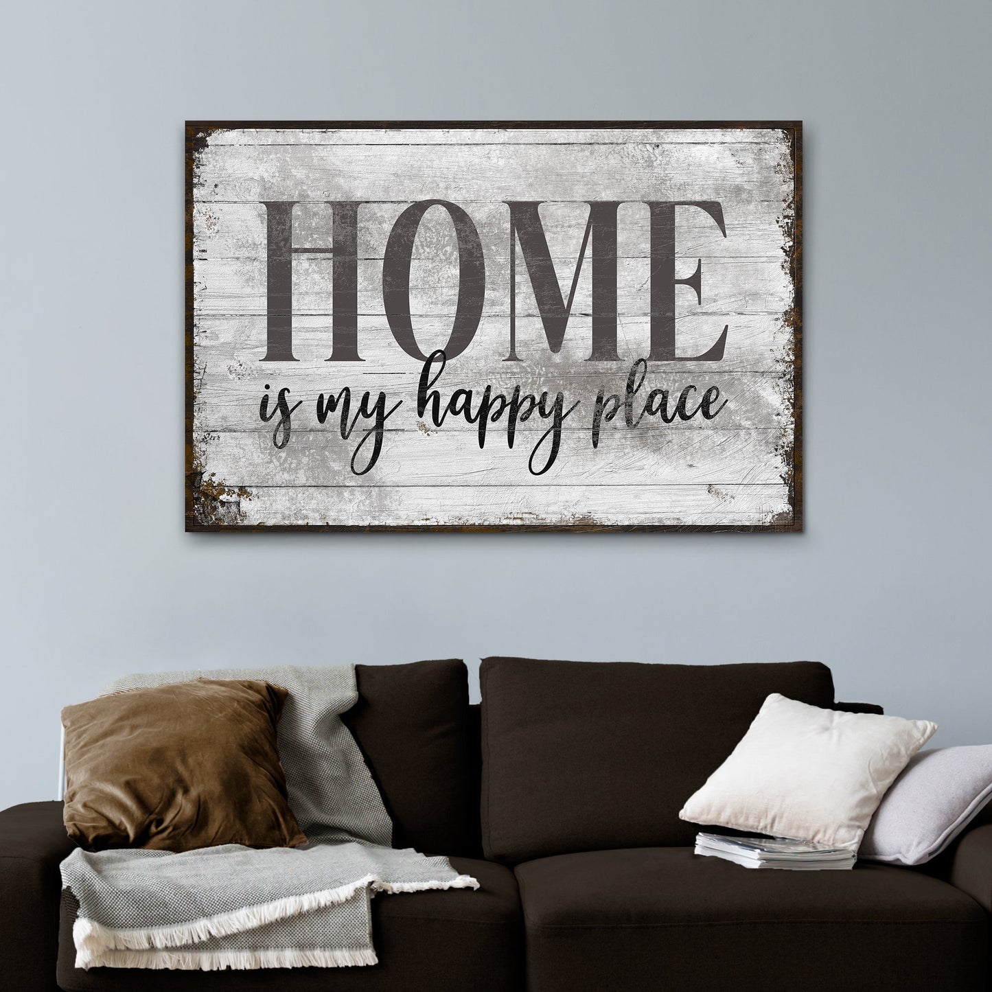 Home Is My Happy Place canvas wall art with warm bold typography on gallery-wrapped canvas for living room and entryway decor