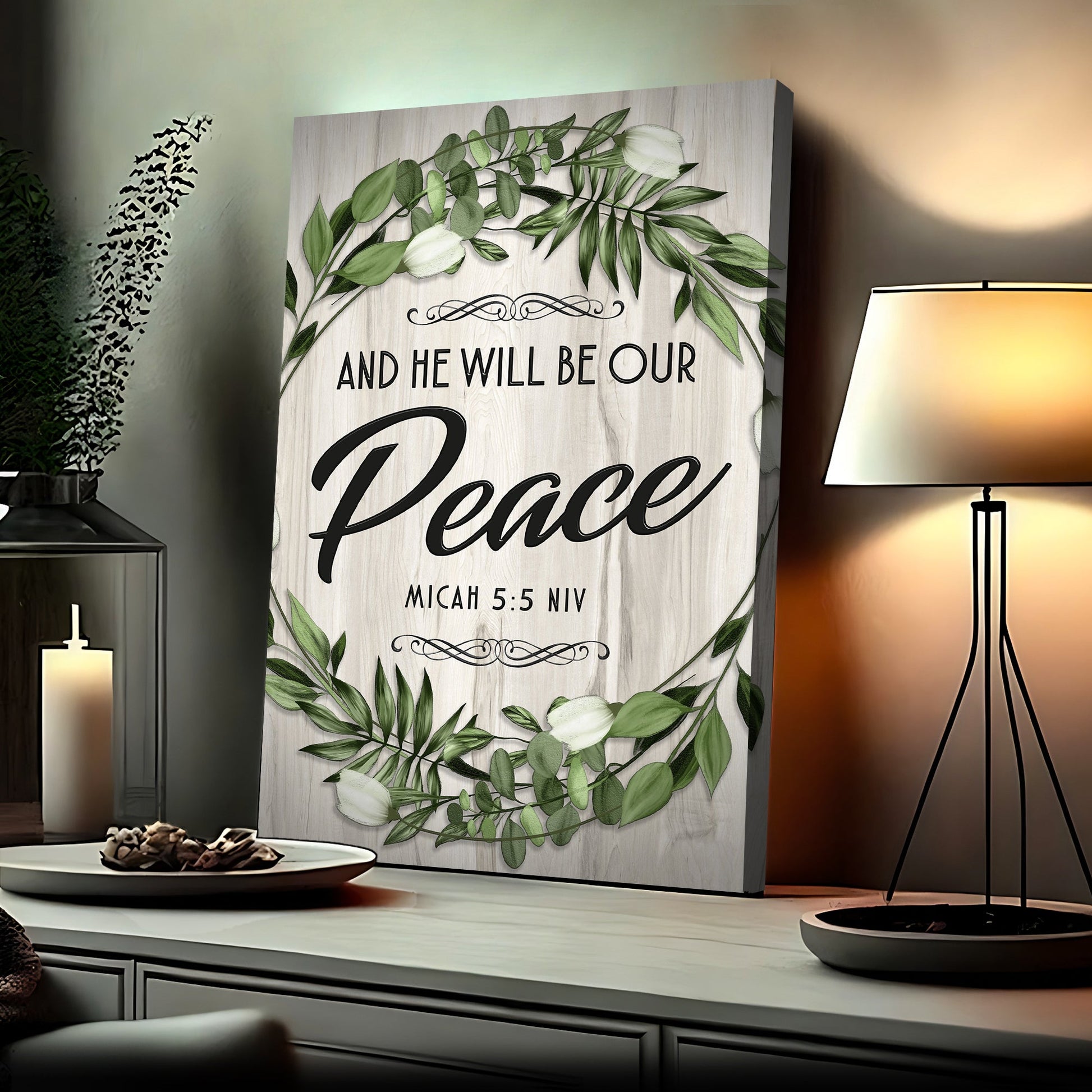 Micah 5:5 He Will Be Our Peace scripture canvas wall art — faith sign gallery wrapped