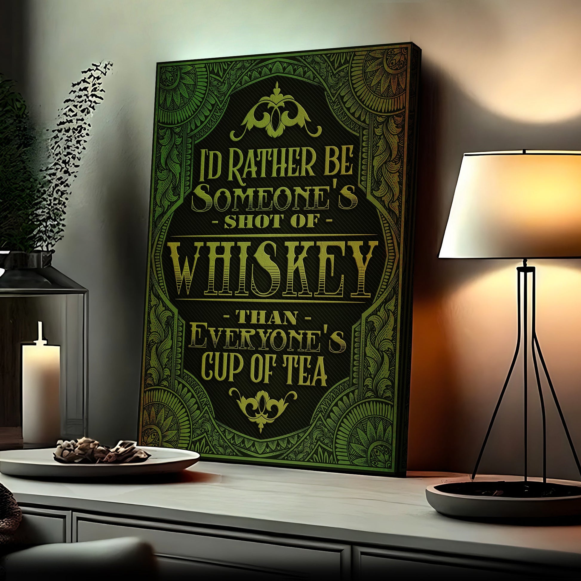 Whiskey glass illustration canvas wall art, vintage bar decor with deep warm tones