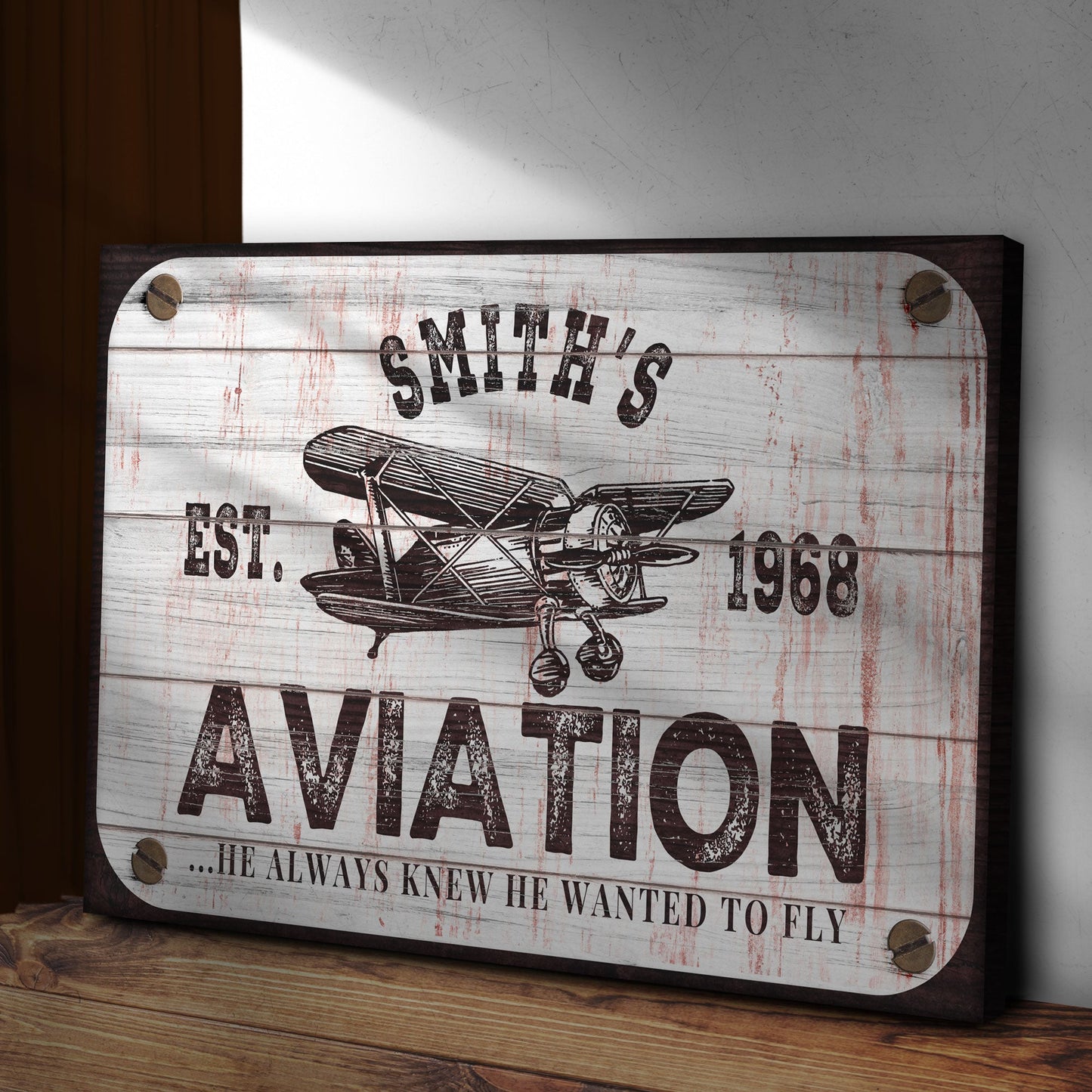 Aviation canvas wall art showing vintage plane soaring over a landscape with bold typography about flying dreams