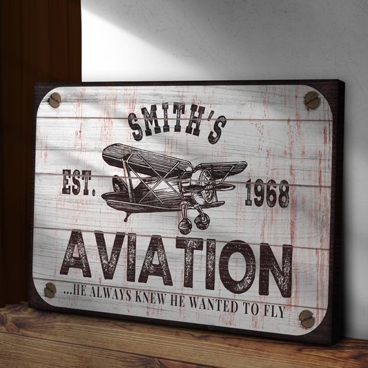 Aviation canvas wall art showing vintage plane soaring over a landscape with bold typography about flying dreams