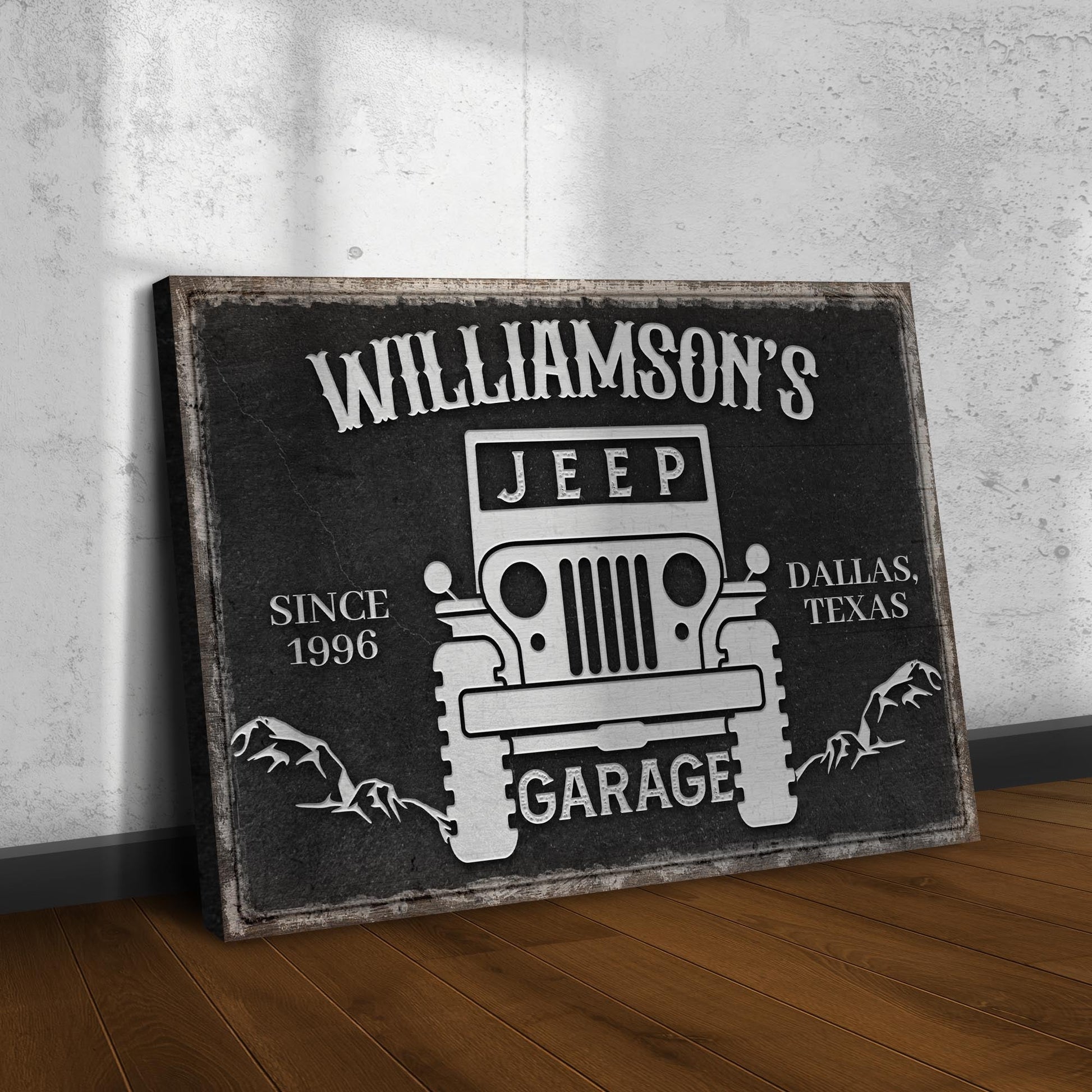 Family garage Jeep vintage canvas wall art sign with retro off-road adventure imagery
