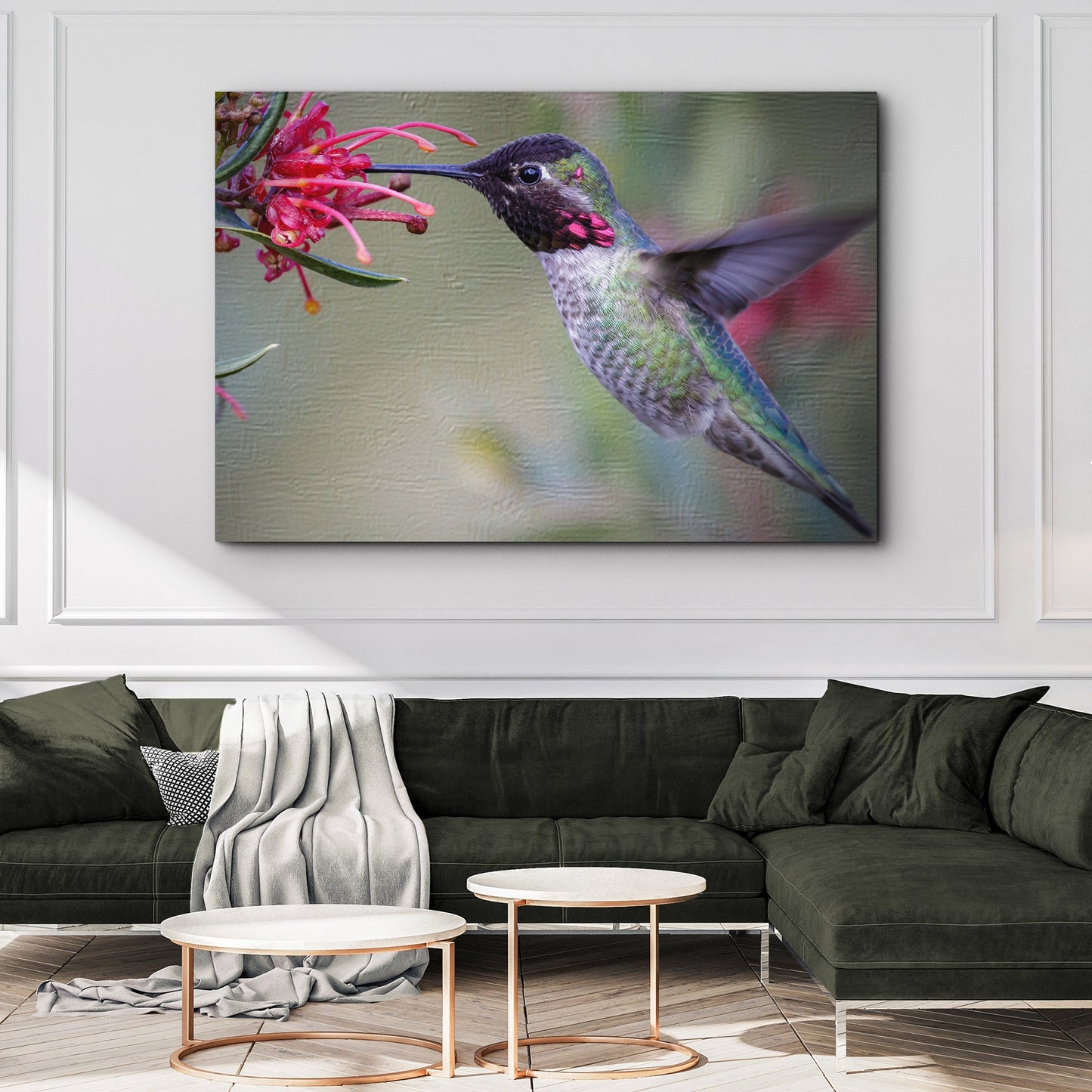 Hummingbird Spring floral canvas wall art with vibrant flowers and hummingbirds, ready to hang