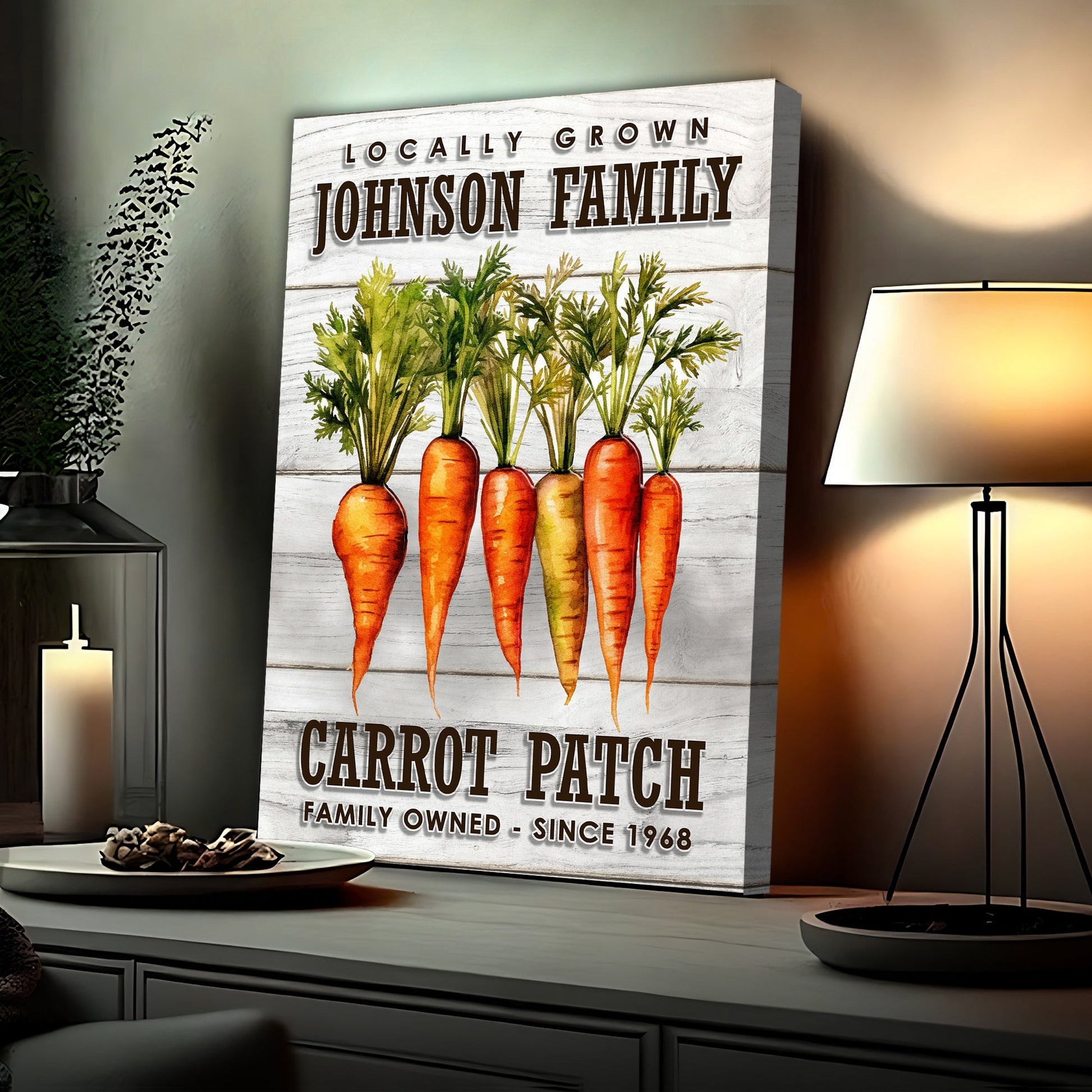 Locally Grown Carrot Patch canvas sign — farm kitchen wall art with rustic orange and green design