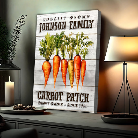 Locally Grown Carrot Patch canvas sign — farm kitchen wall art with rustic orange and green design
