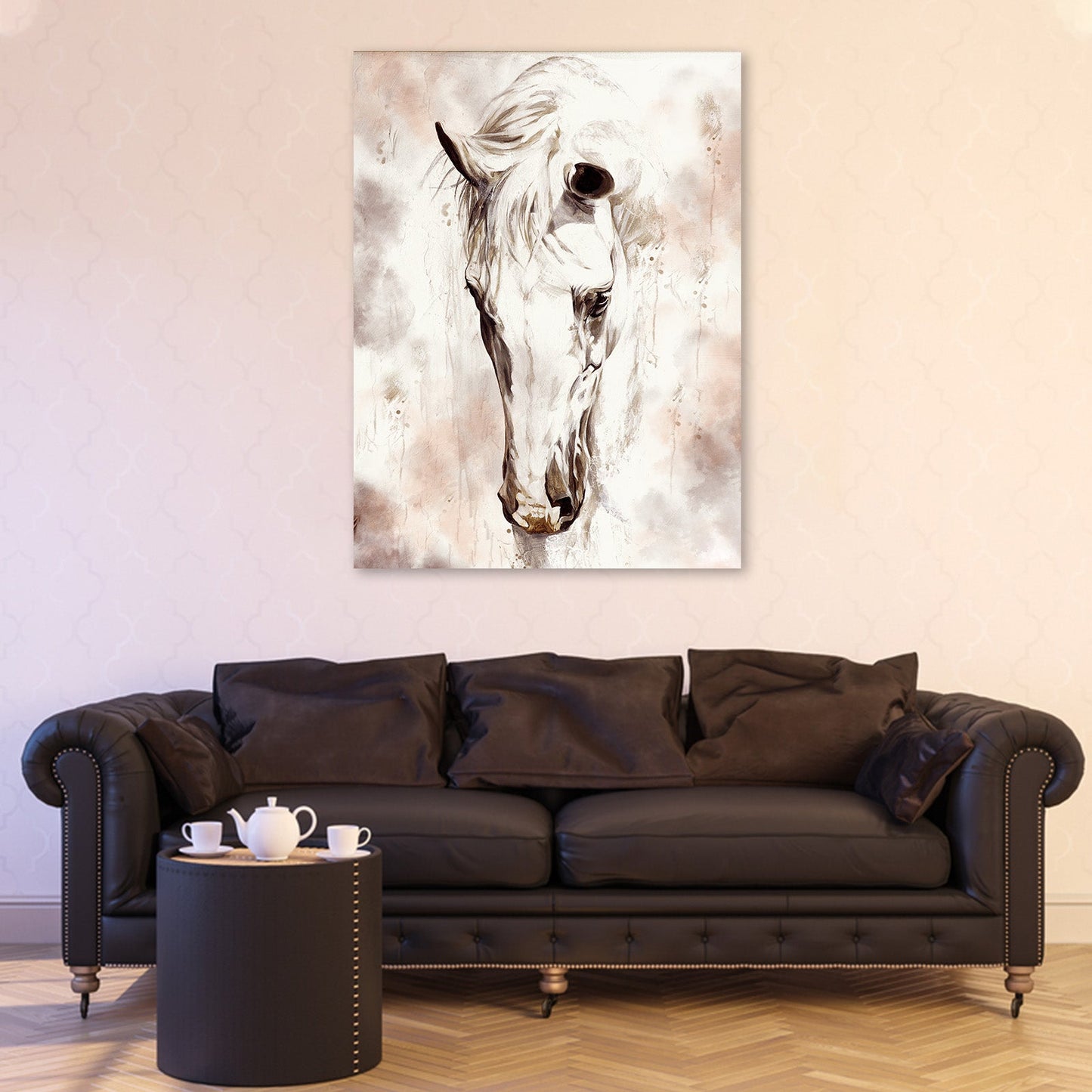 Sorrowful horse canvas wall art with downcast gaze in muted earth tones