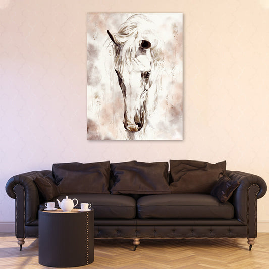Sorrowful horse canvas wall art with downcast gaze in muted earth tones