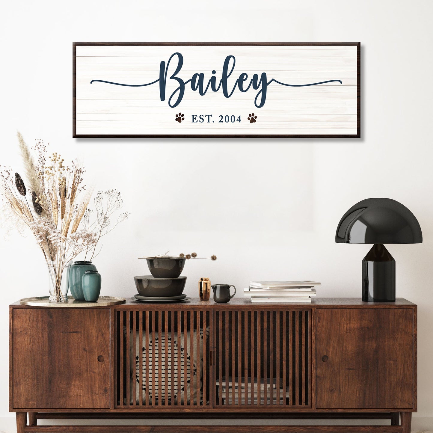 Personalized pet name canvas sign in warm rustic lettering