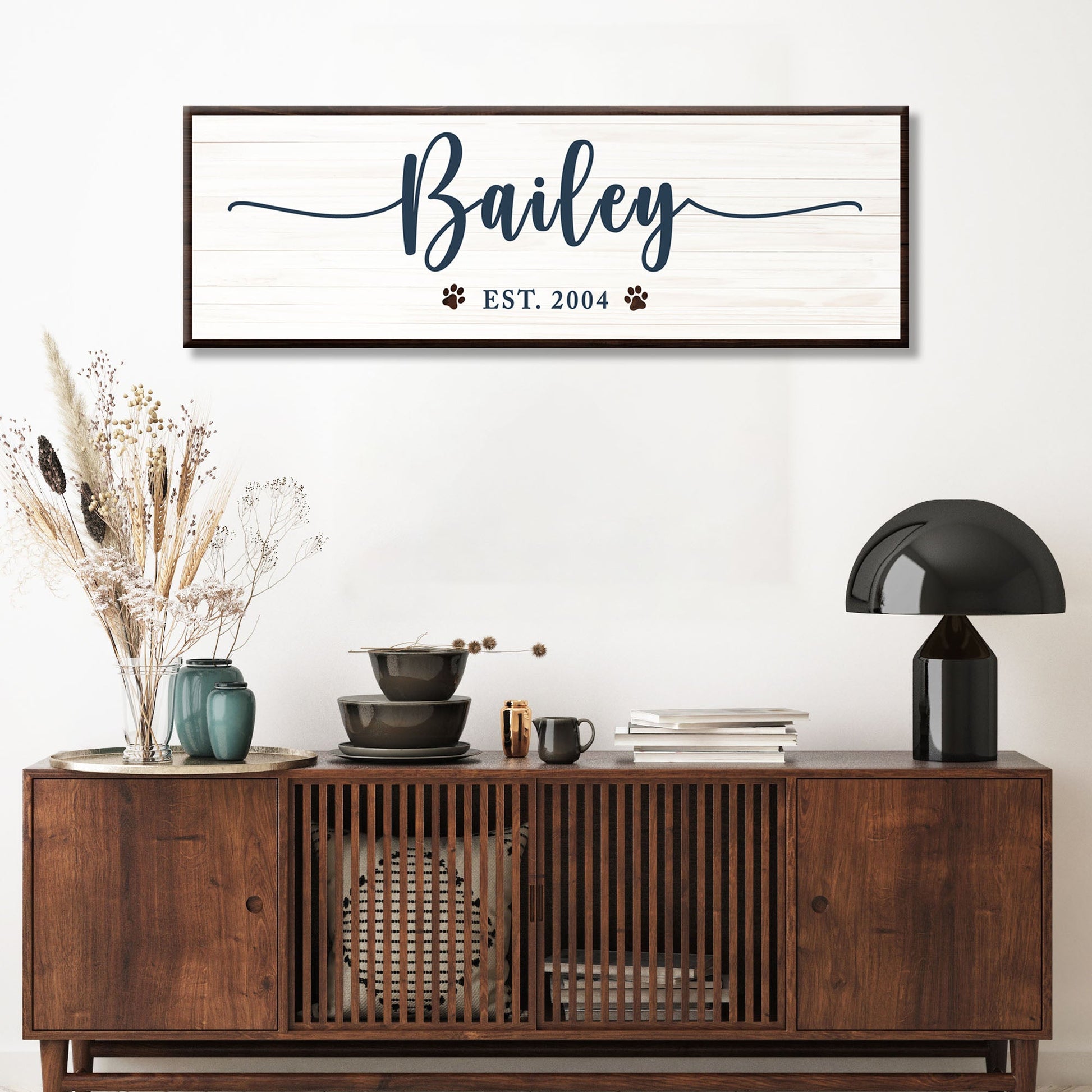 Personalized pet name canvas sign in warm rustic lettering