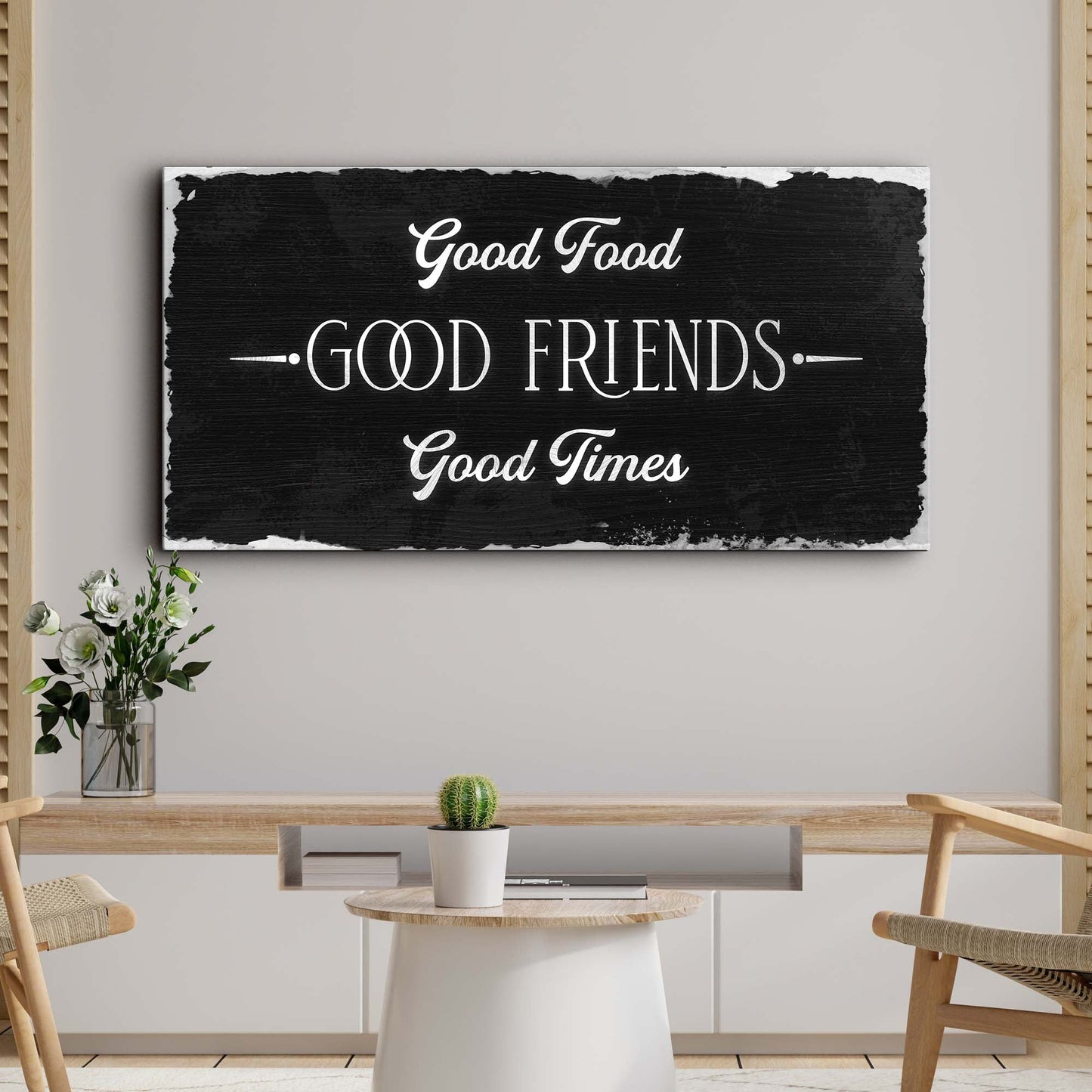Good food good friends good times kitchen dining canvas wall art with warm typography