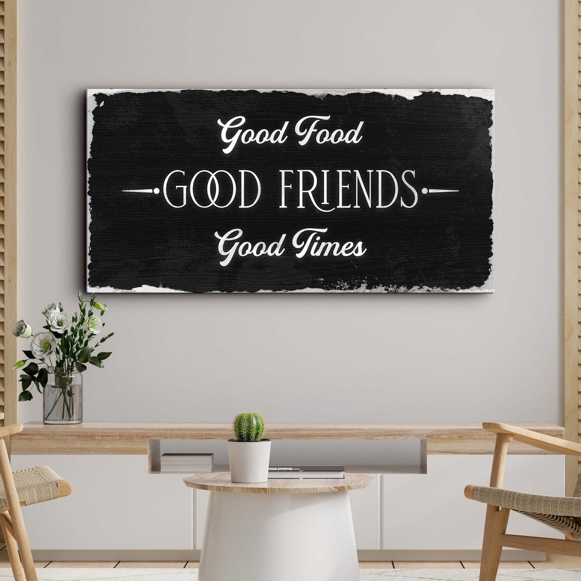 Good food good friends good times kitchen dining canvas wall art with warm typography