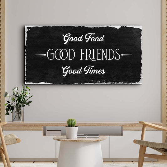 Good food good friends good times kitchen dining canvas wall art with warm typography