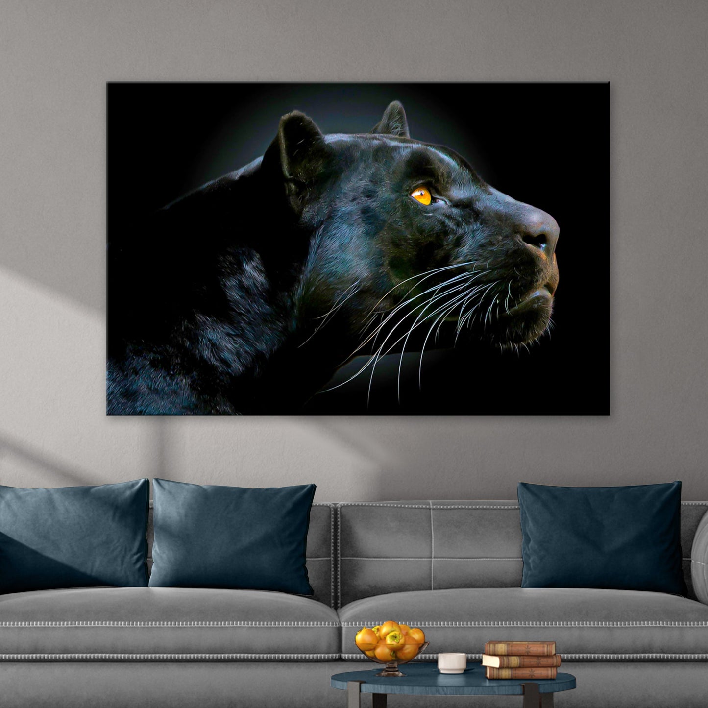 Black panther head canvas wall art with dramatic ethereal wildlife big cat portrait