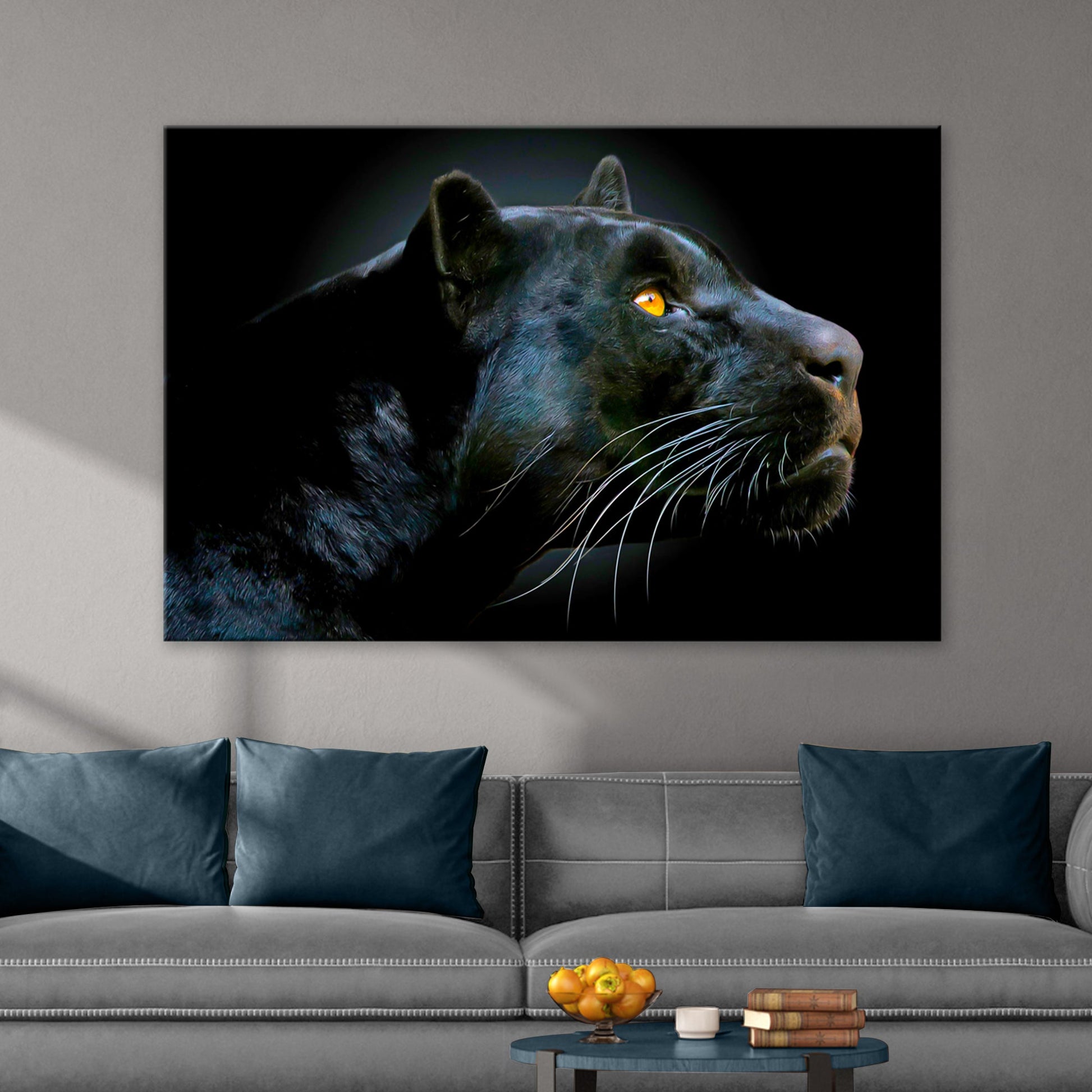 Black panther head canvas wall art with dramatic ethereal wildlife big cat portrait