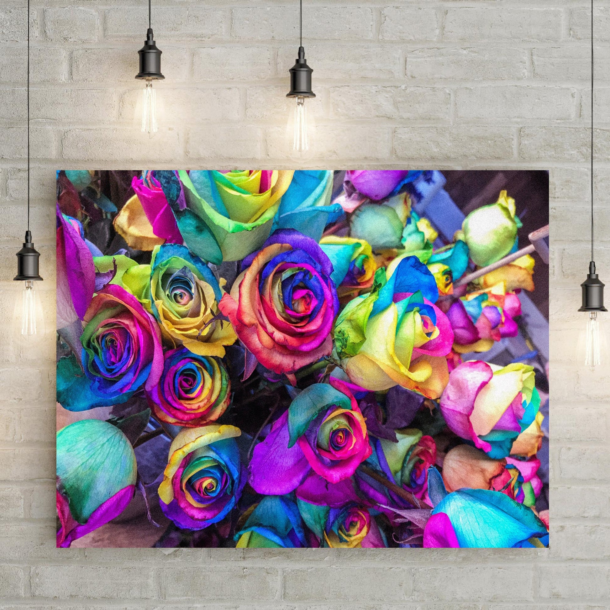 Vivid rainbow colored roses floral canvas wall art