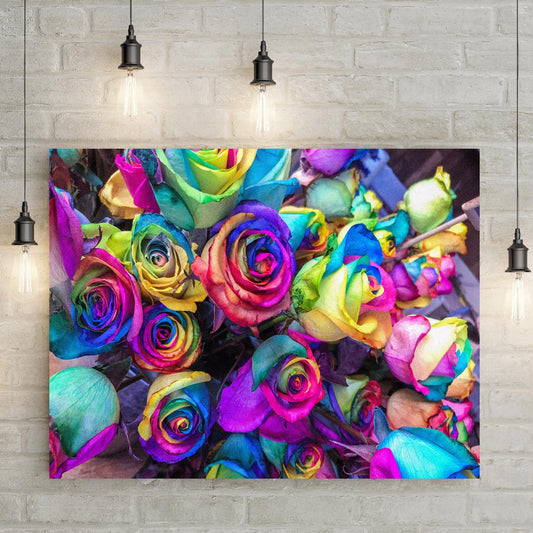 Vivid rainbow colored roses floral canvas wall art